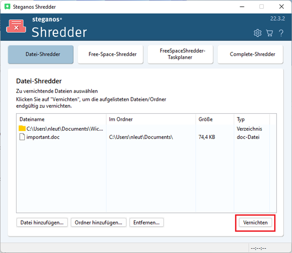Steganos Shredder Dateien und Ordner auswählen
