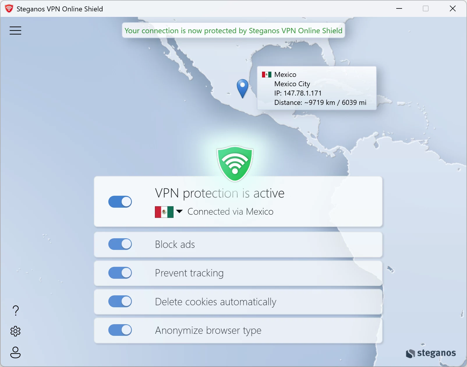 Steganos VPN Online Shield – четыре переключателя защиты в приложении для Windows